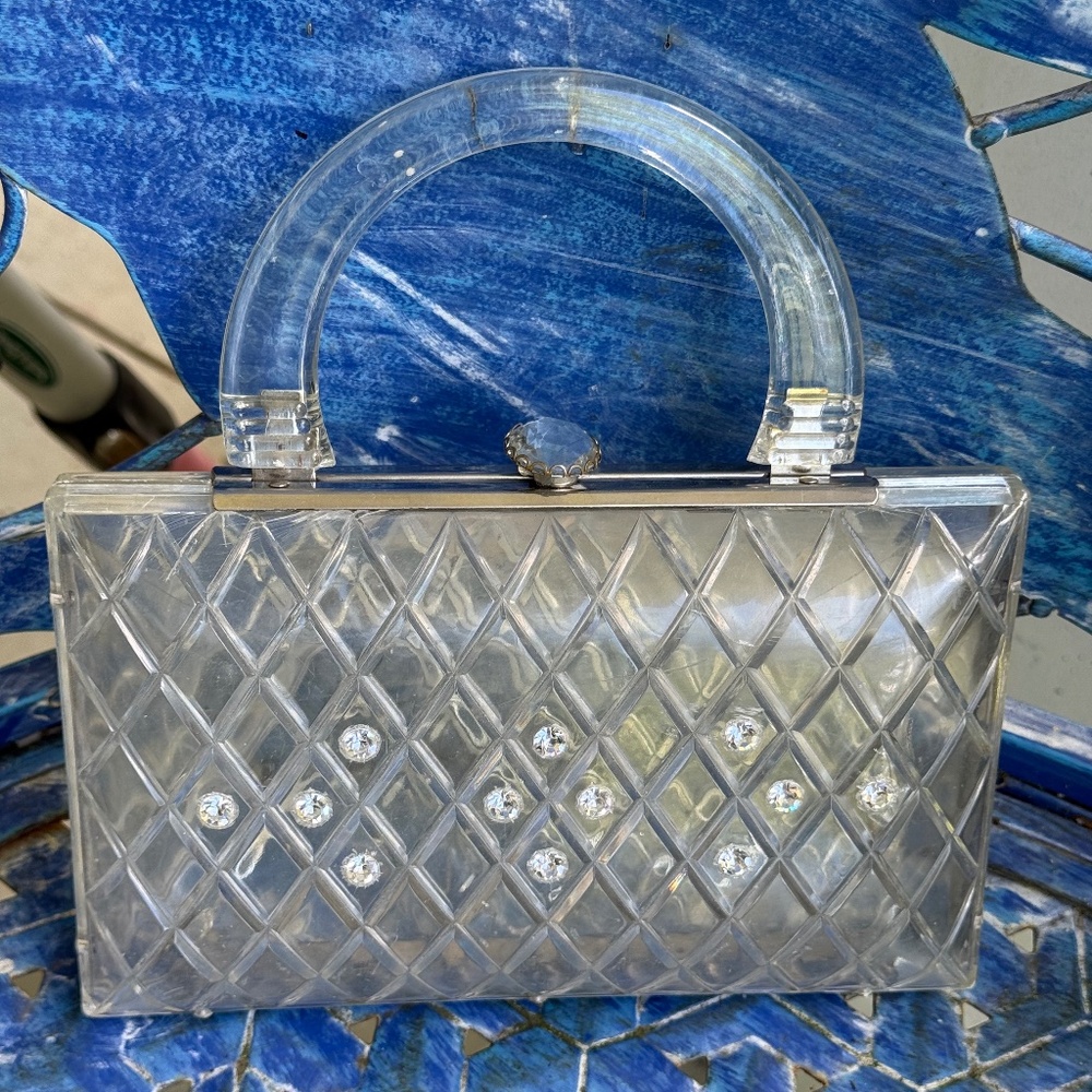 VINTAGE Clear Plexi Clutch Purse with Rhinestones